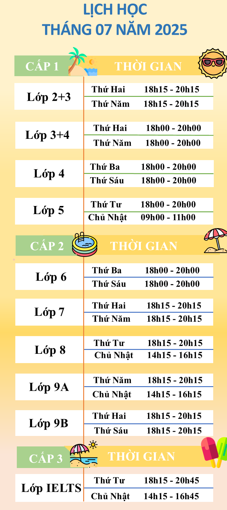 Lịch học tháng 07 năm 2025